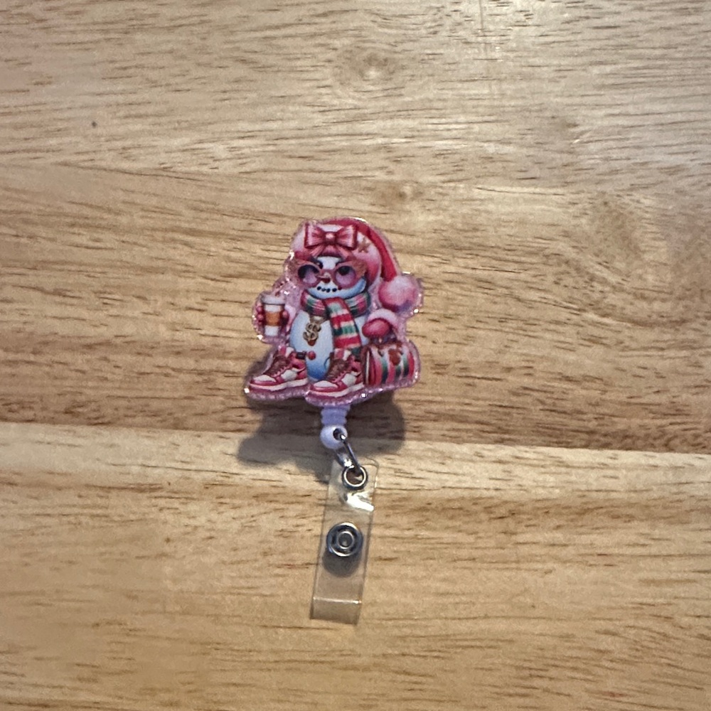 Festive Pink snow woman Badge Holder